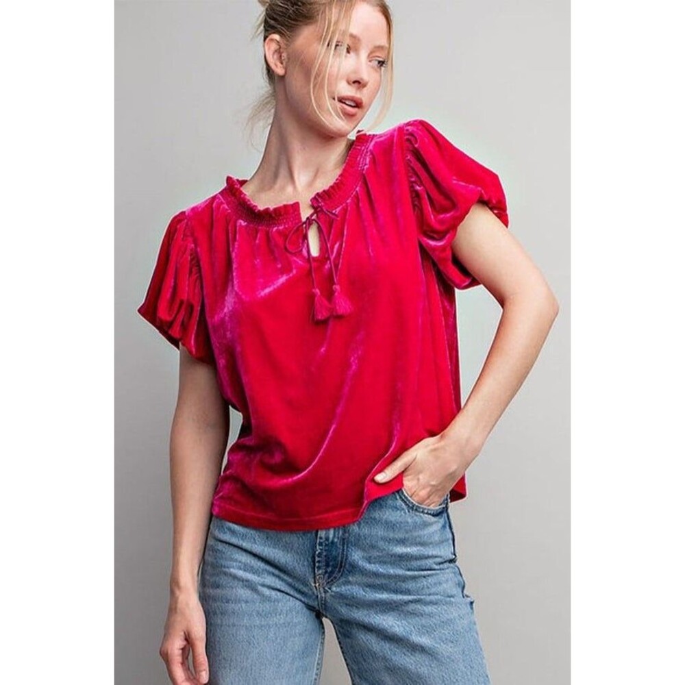 Free People Terese Puff Sleeve Velvet‎ Crop Top Women's Small Pink Boho Blouse